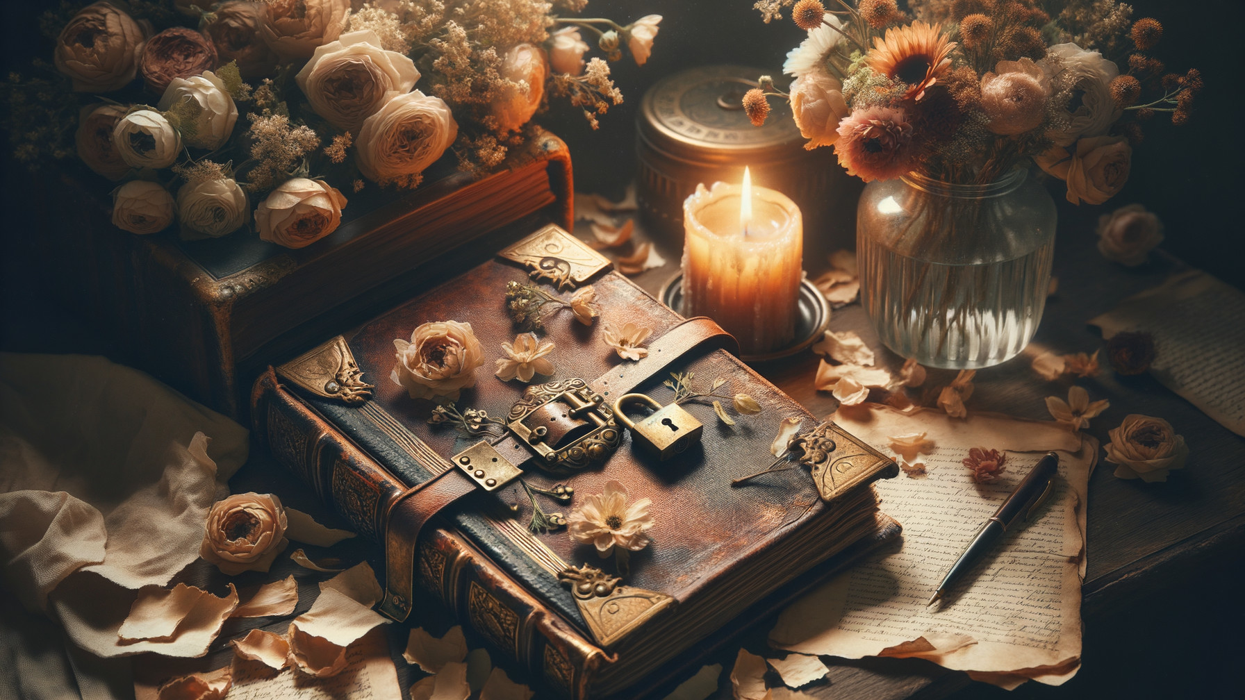 Vintage Book on Rustic Table with Floral Decor
