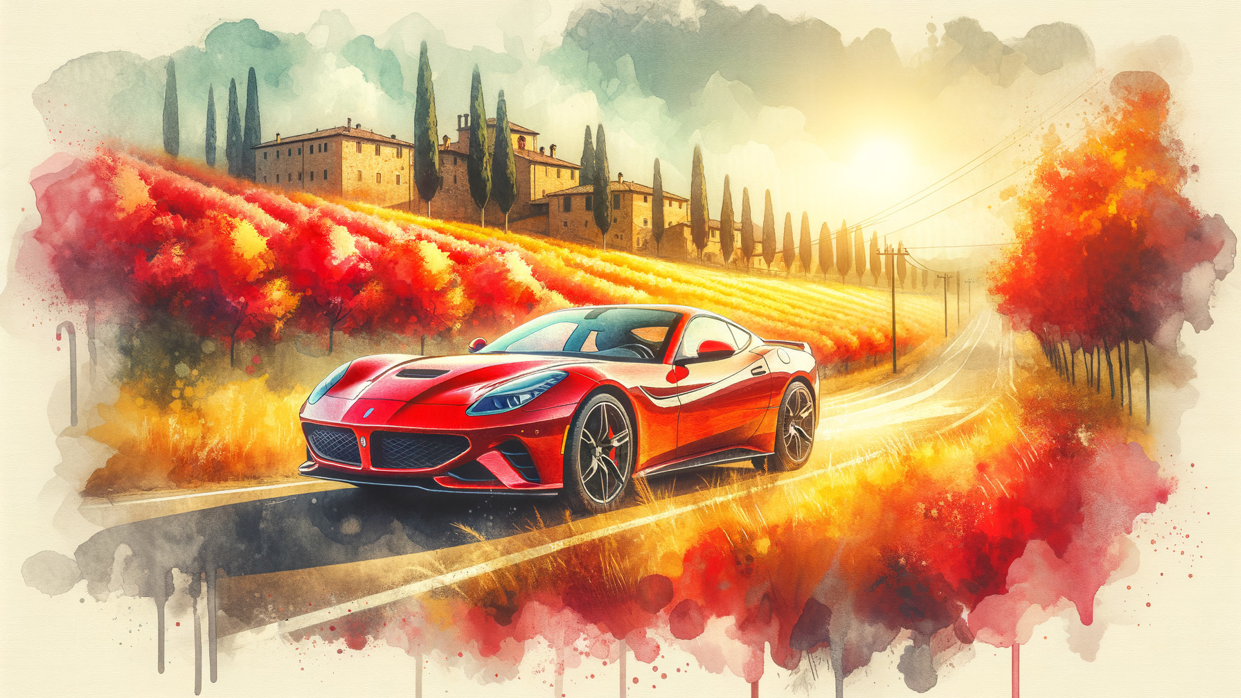 Red Sports Car on Winding Road Amid Autumn Foliage