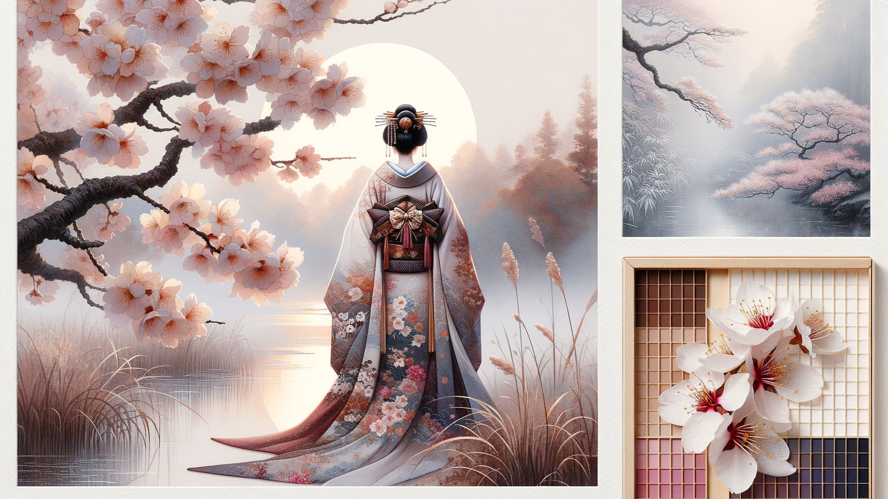 Serene Figure in Kimono by Tranquil Water and Blossoms