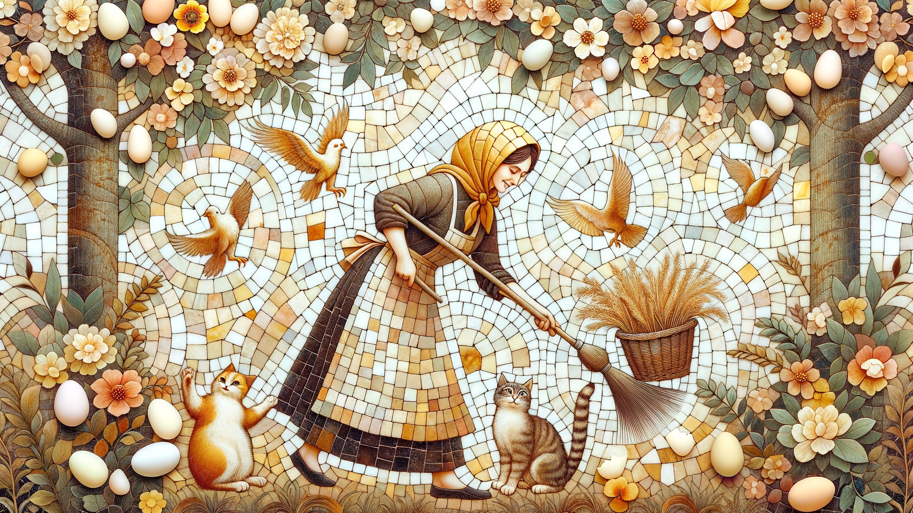 Vibrant Mosaic of Woman Sweeping in a Garden Scene