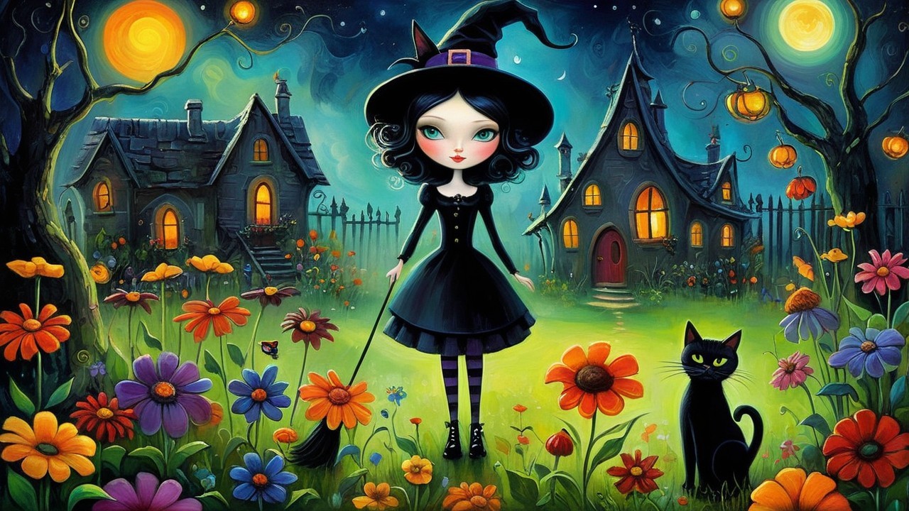 Young witch in garden with lantern-lit houses and cat