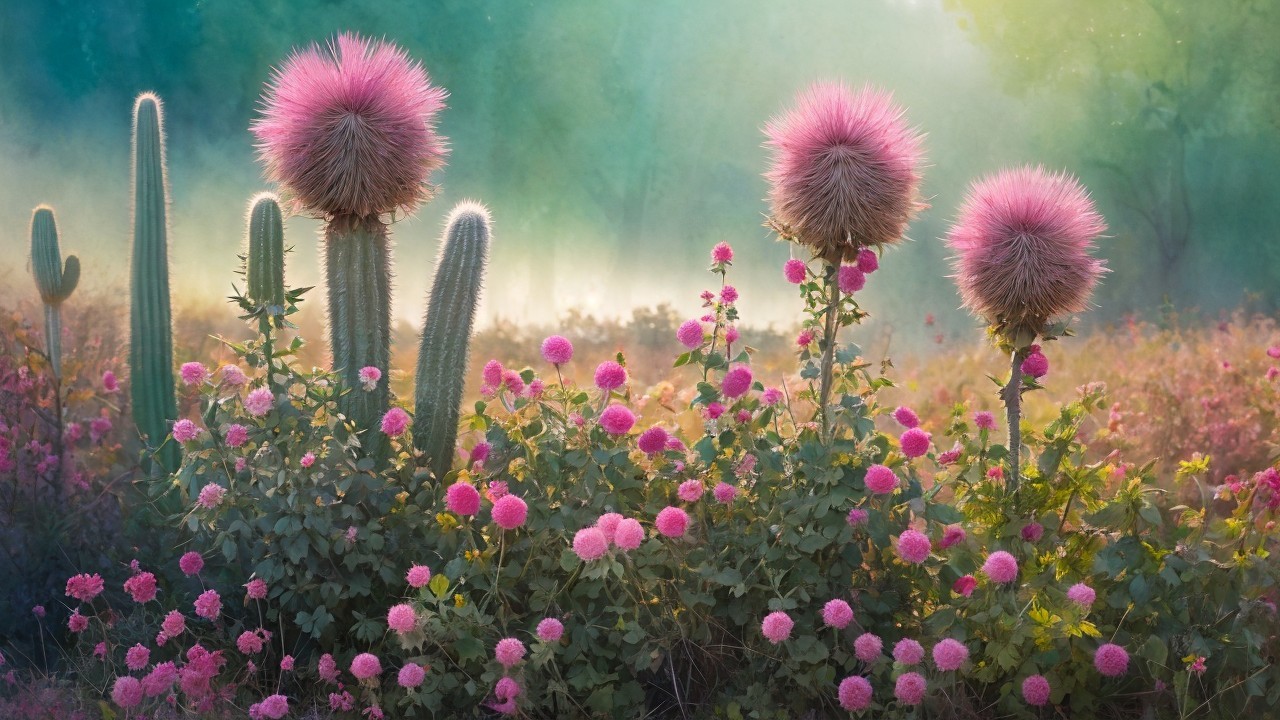 Vibrant Field of Flowers and Tall Cacti in Morning Light