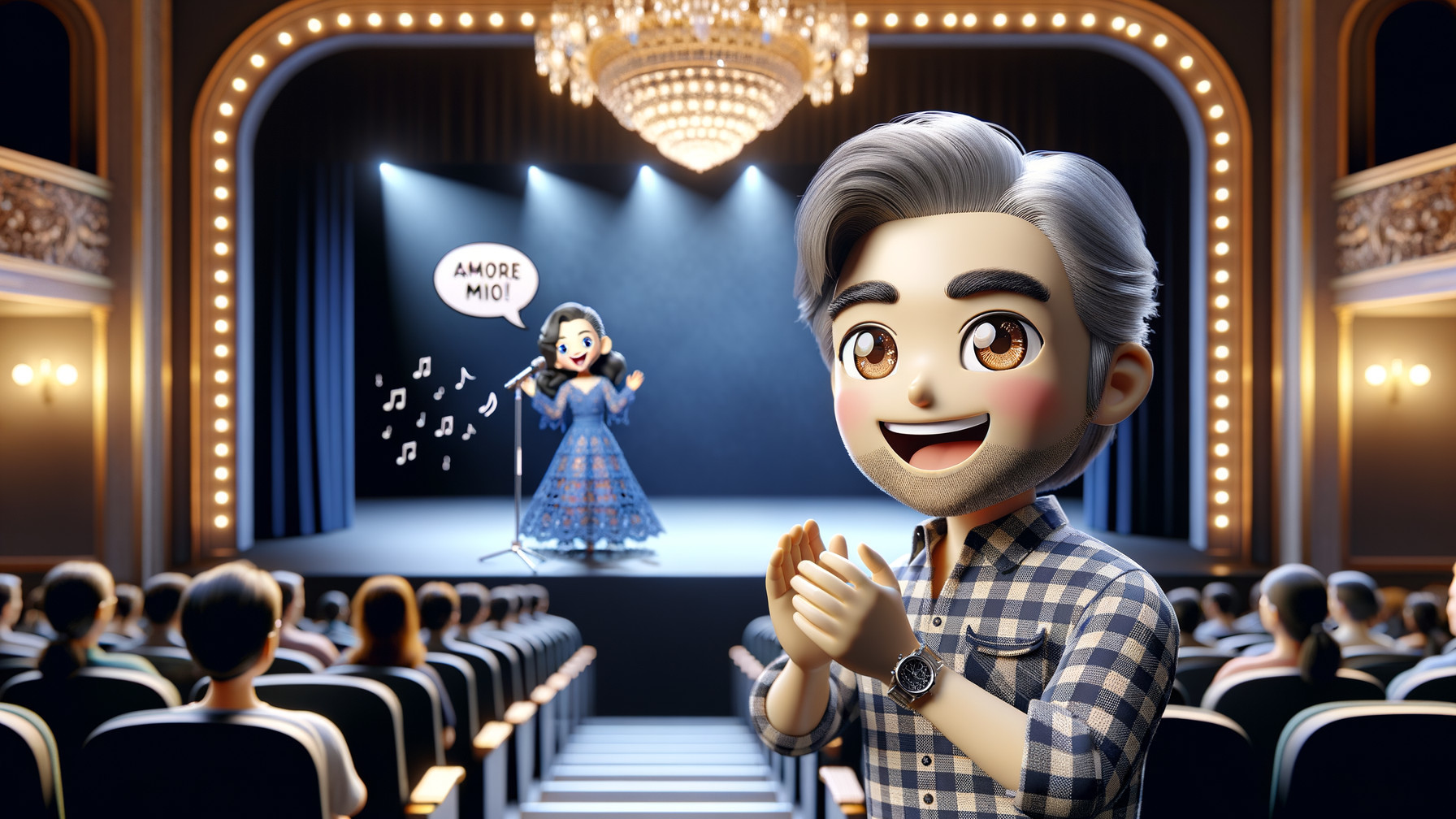Cheerful Cartoon Character Enjoys Theater Performance