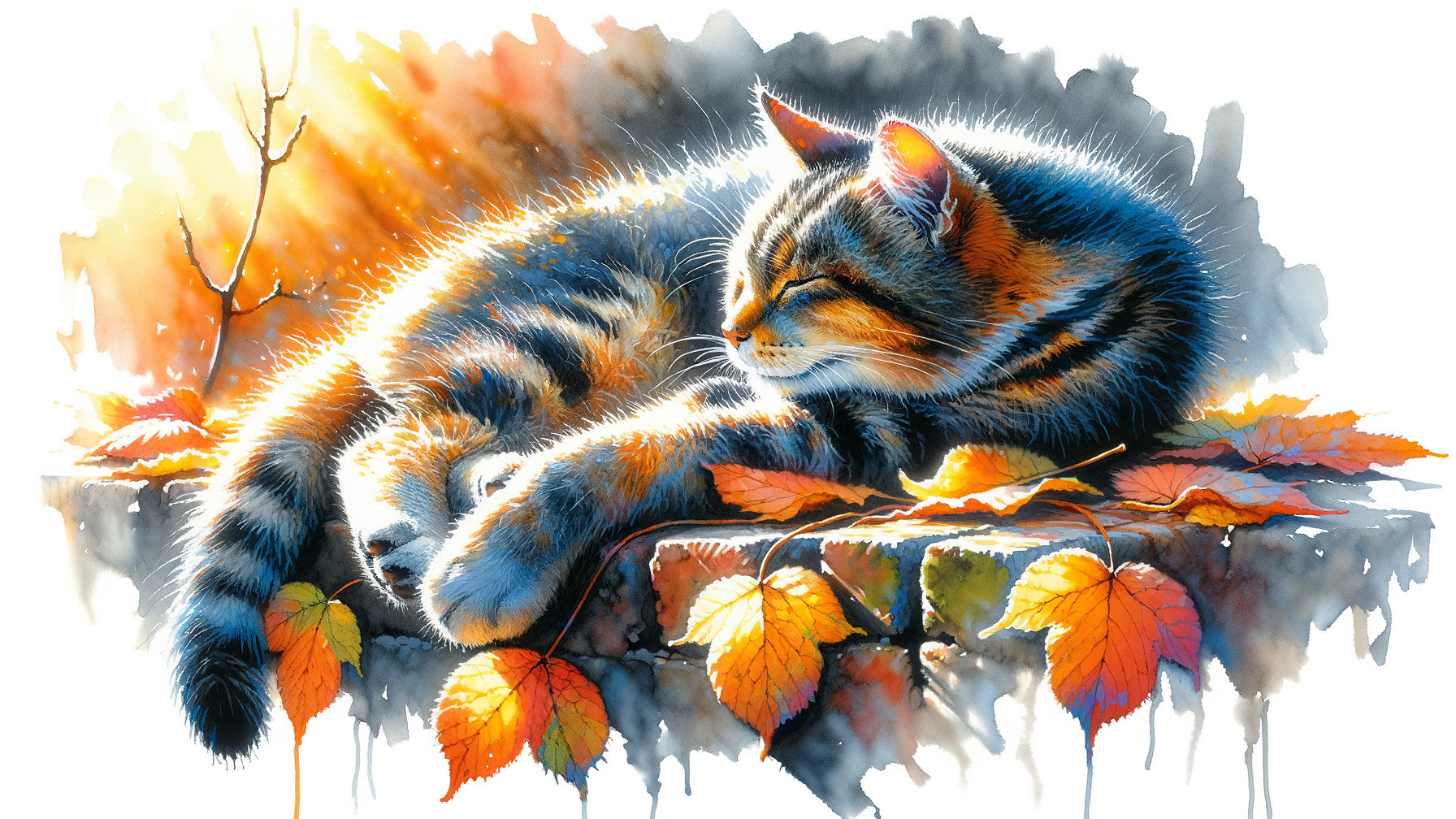 Watercolor of a Cat Among Autumn Leaves in Sunlight