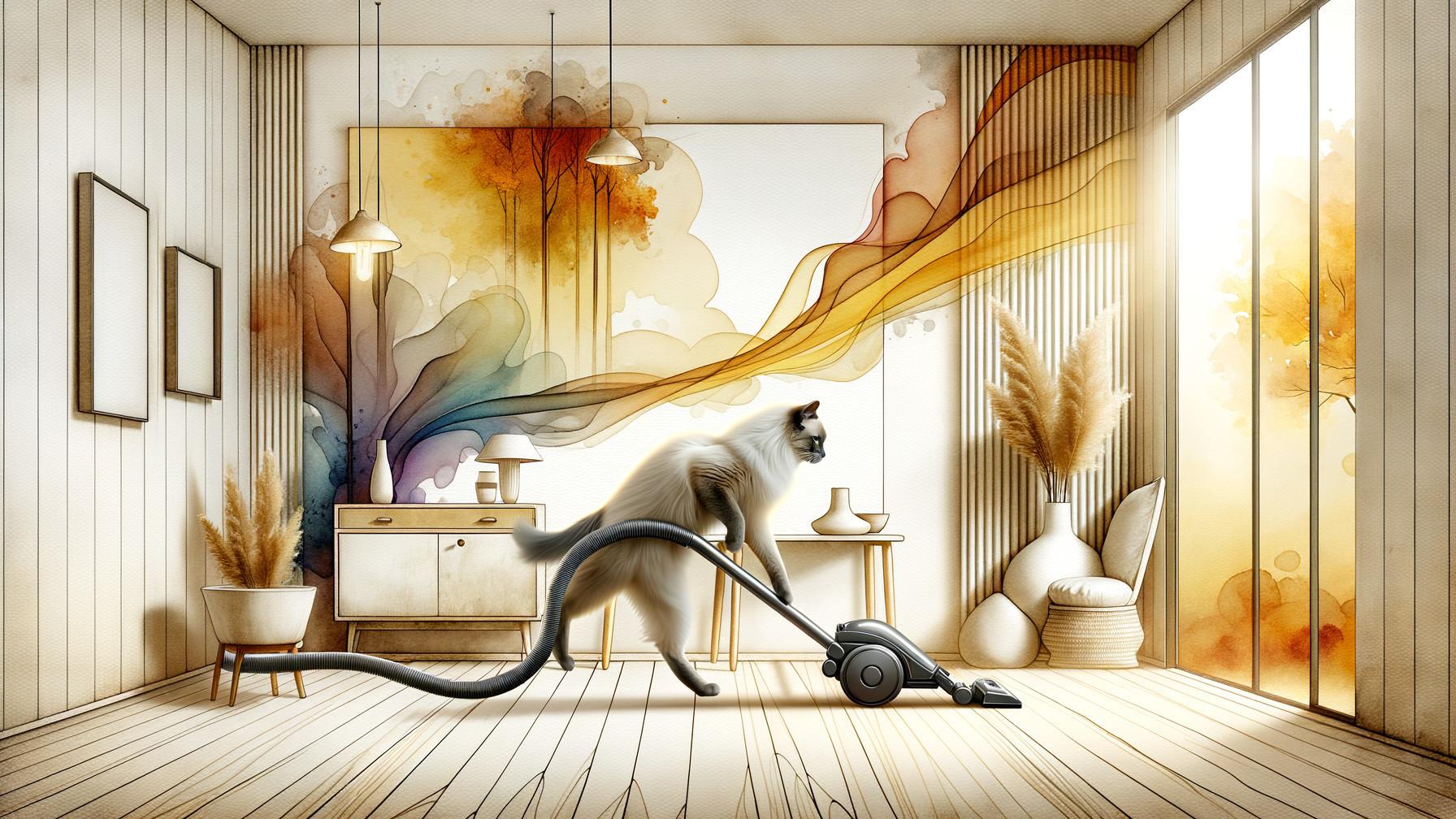 Whimsical Cat Vacuuming in Modern Living Room Decor