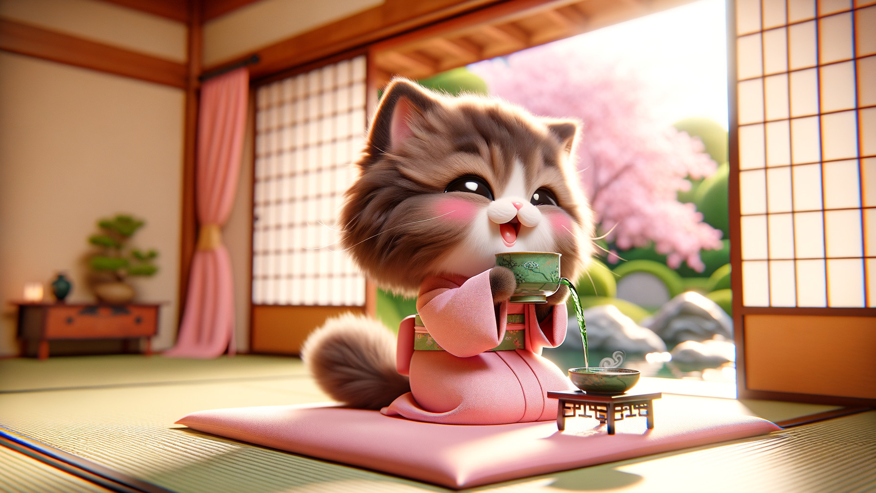 Fluffy Cat in Pastel Kimono in Japanese Garden Setting
