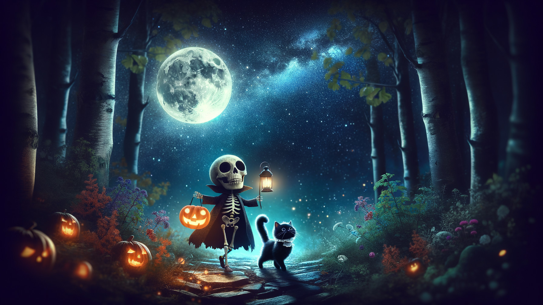 Cheerful skeleton and black cat in a moonlit forest