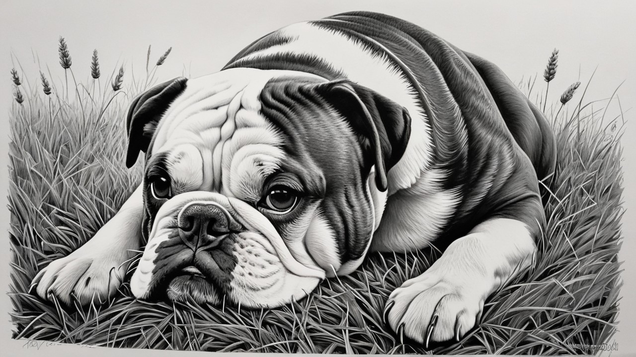 Black and white illustration of a resting bulldog