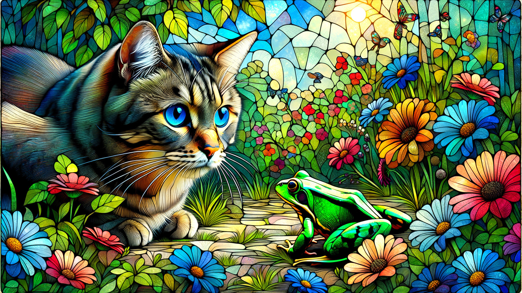 Curious Cat and Frog in a Colorful Garden Scene