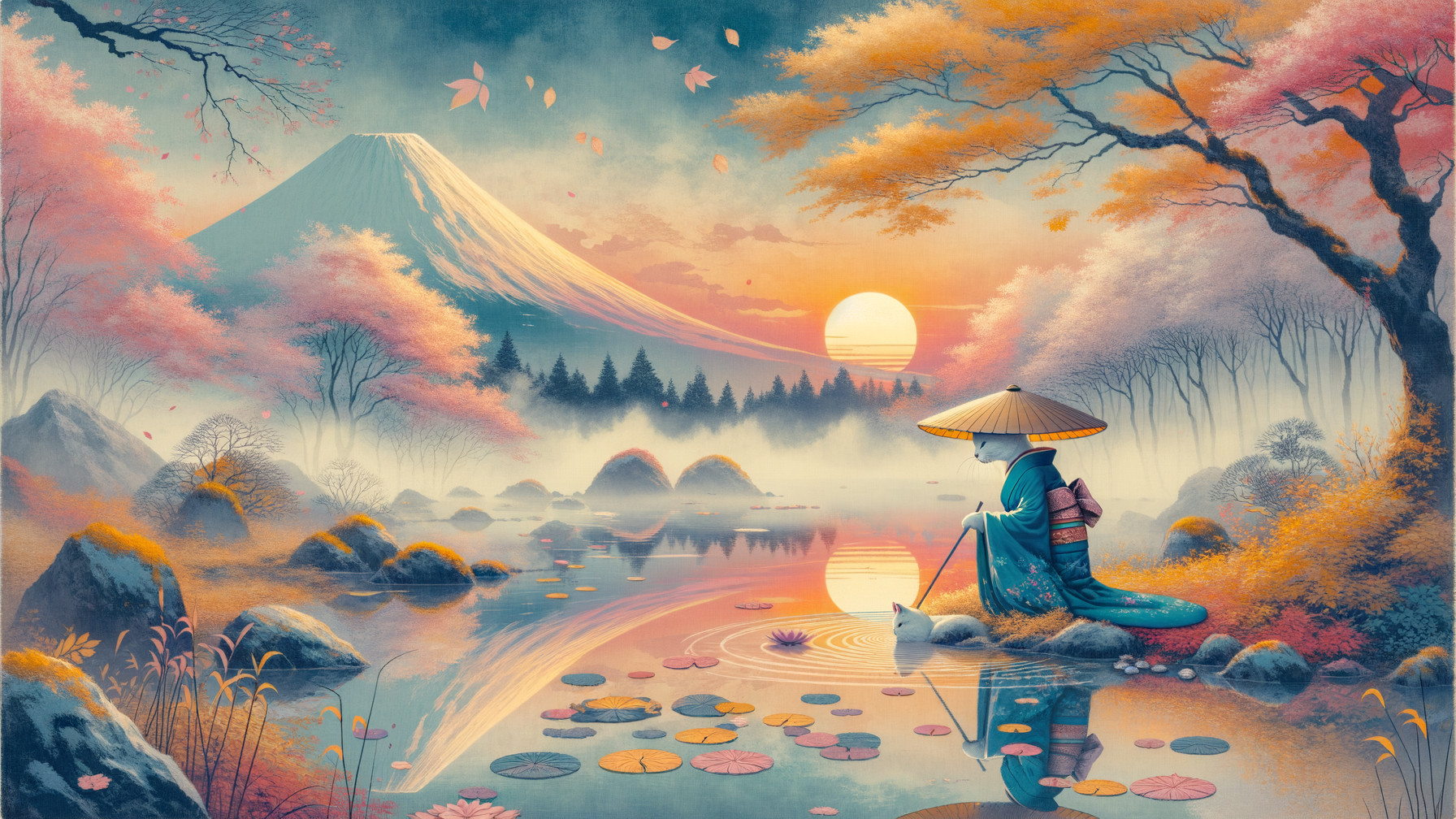 Serene Landscape with Woman by Tranquil Pond at Sunset