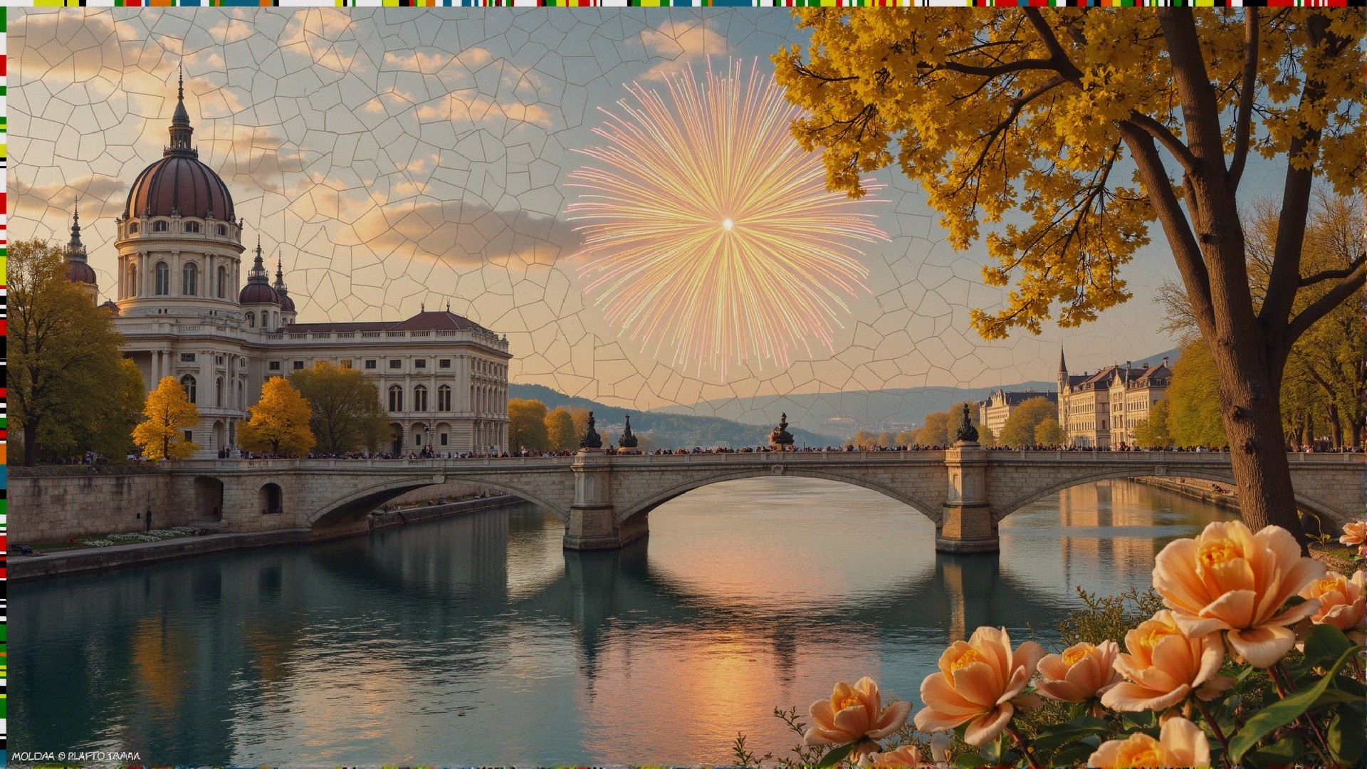 Grand Bridge Over Serene River with Autumn Trees