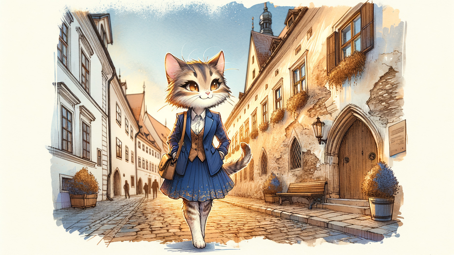 Anthropomorphic cat in stylish outfit on cobblestone street