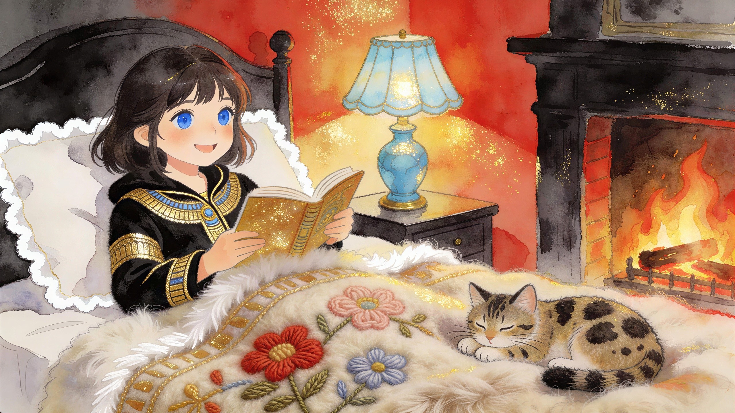 Anime Girl in Egyptian-Themed Outfit in Cozy Bedroom