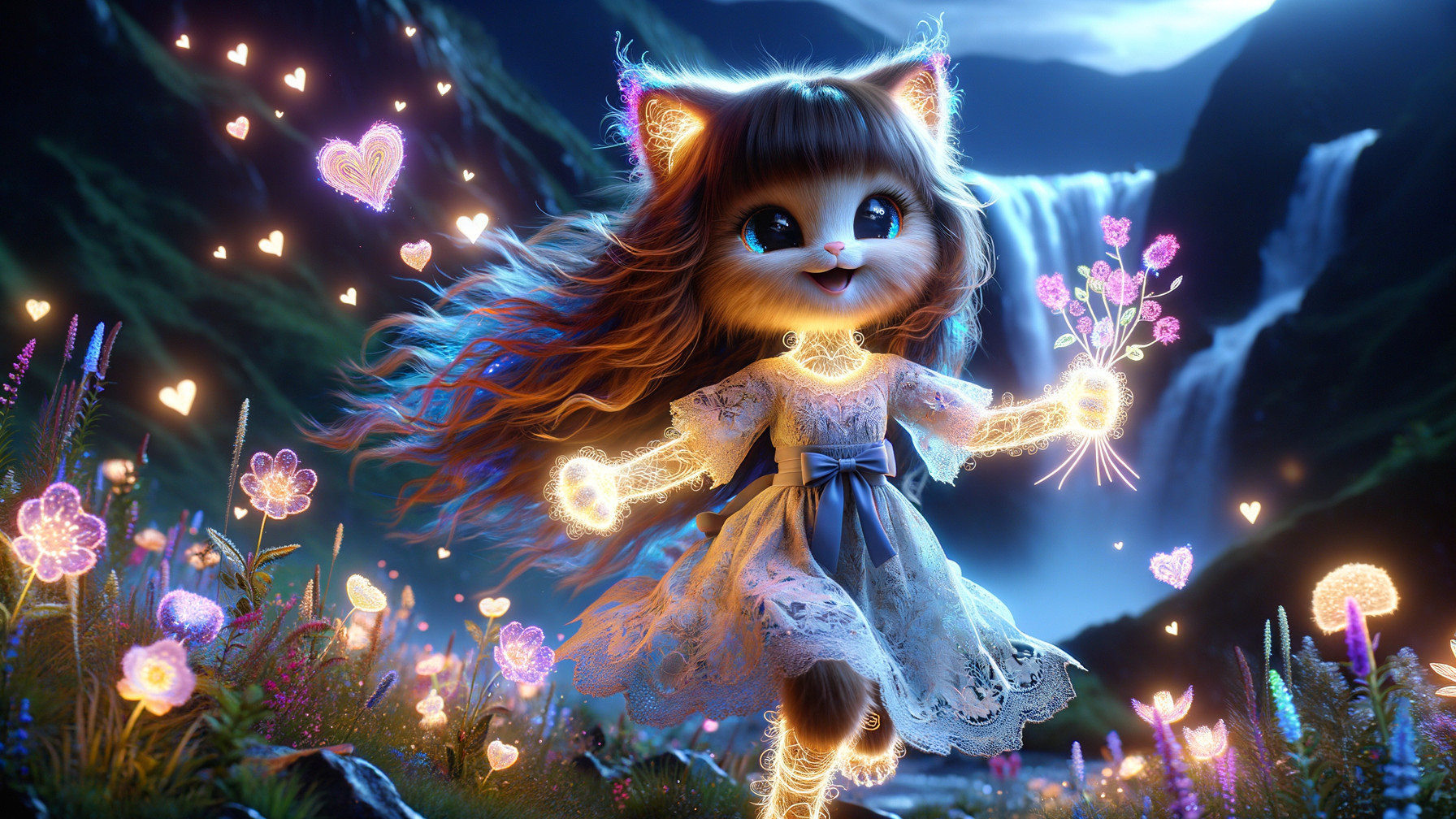 Whimsical Animated Kitten in Enchanted Landscape