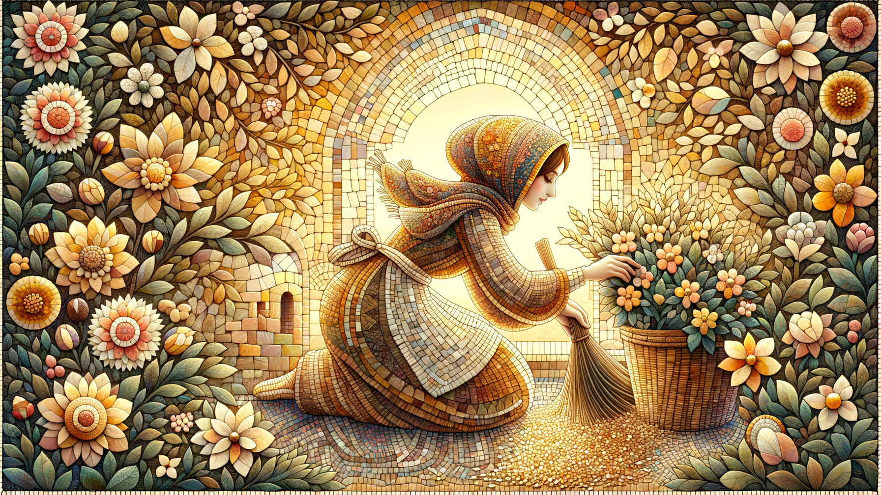 Woman in Traditional Attire Tending Colorful Garden