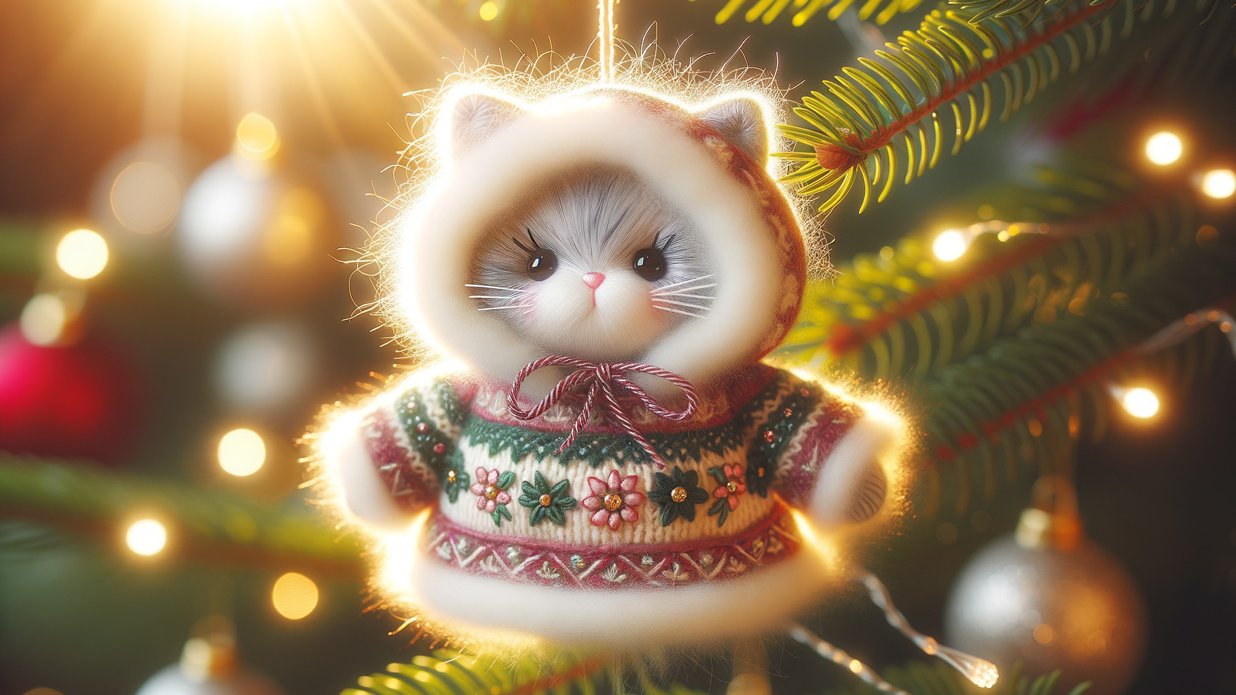 Cat Ornament on Christmas Tree with Holiday Lights