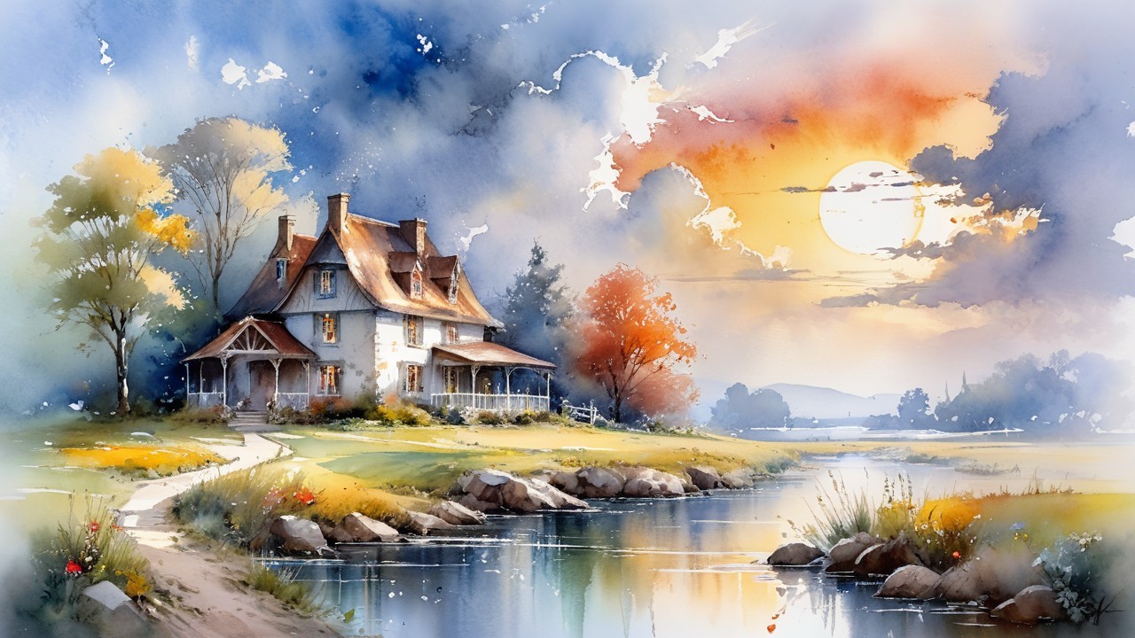 Charming Cottage by Serene River in Autumn Landscape