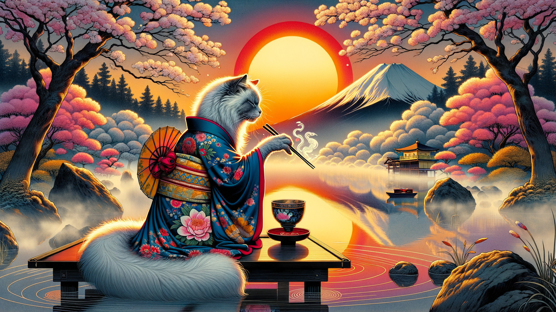 White Cat in Kimono by Lake at Sunset with Fuji