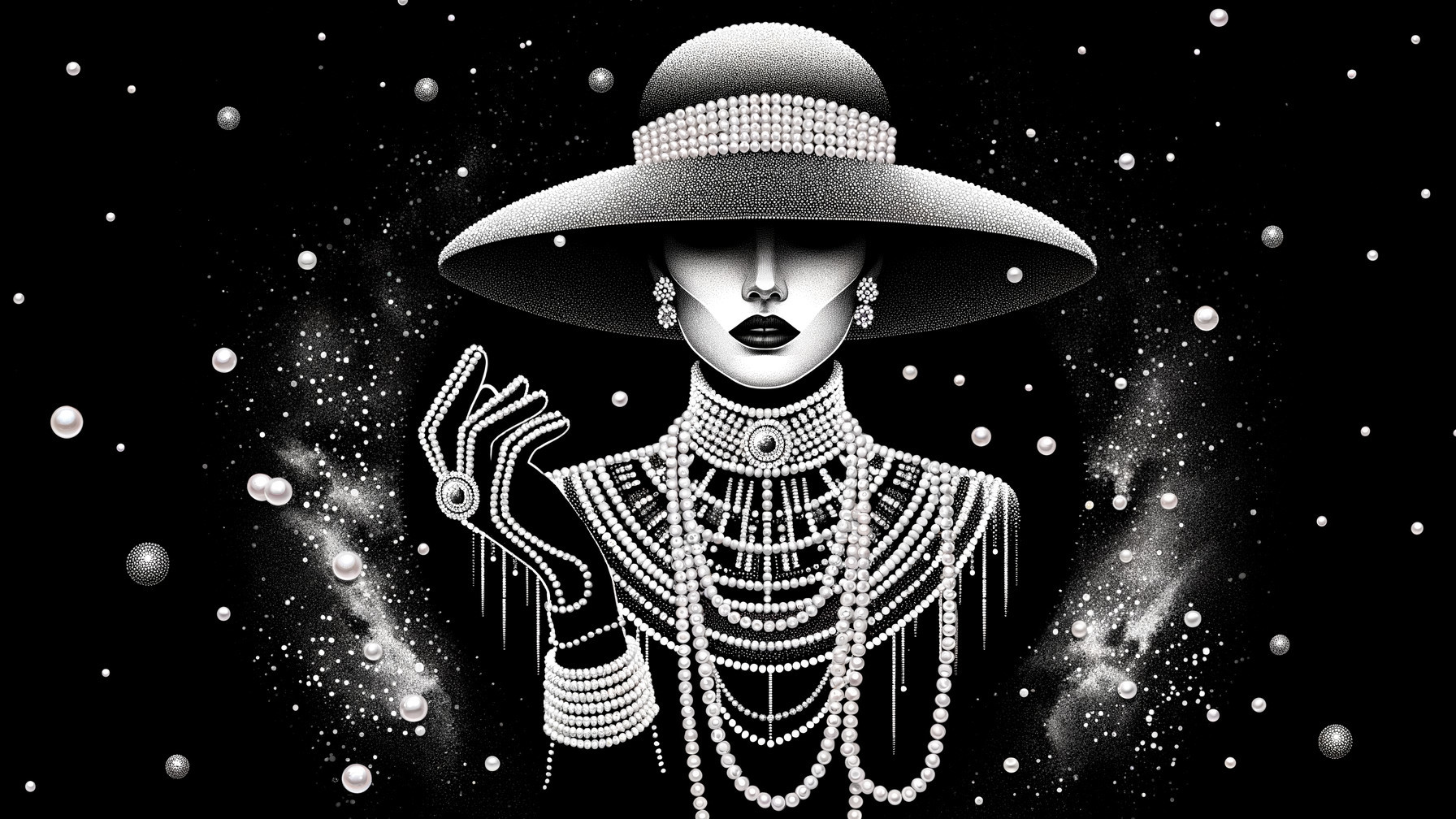 Glamorous Figure in Pearl Necklaces and Wide-Brimmed Hat