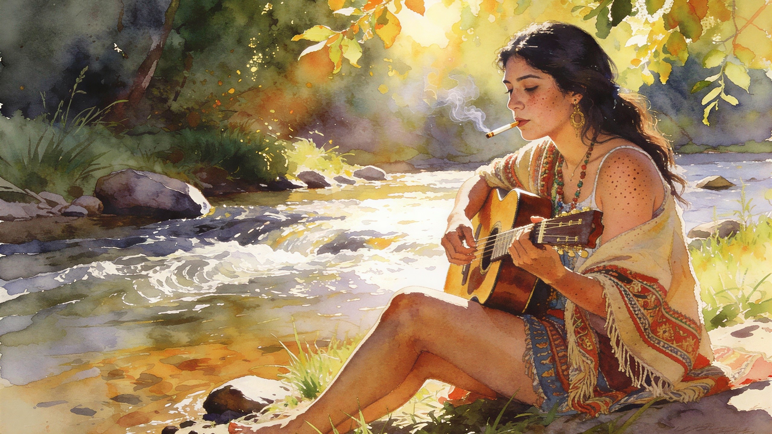 Watercolor Painting of Woman by River with Guitar