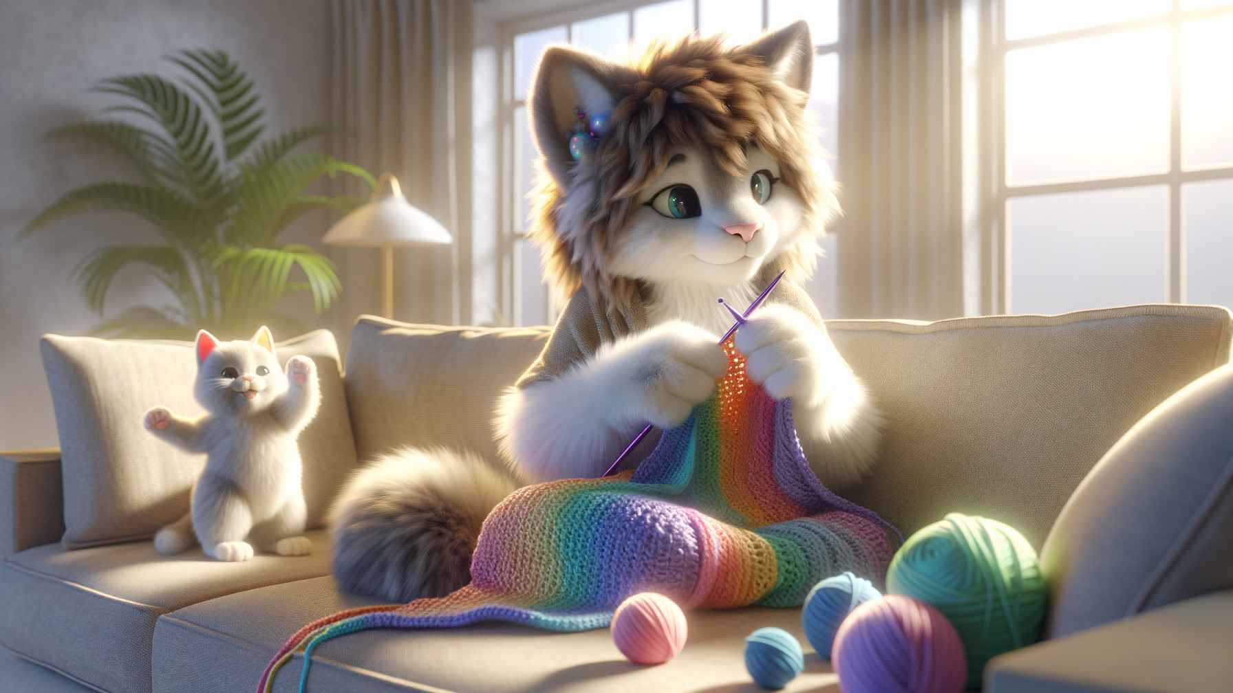 Cozy Living Room with Knitting Cat and Playful Kitten