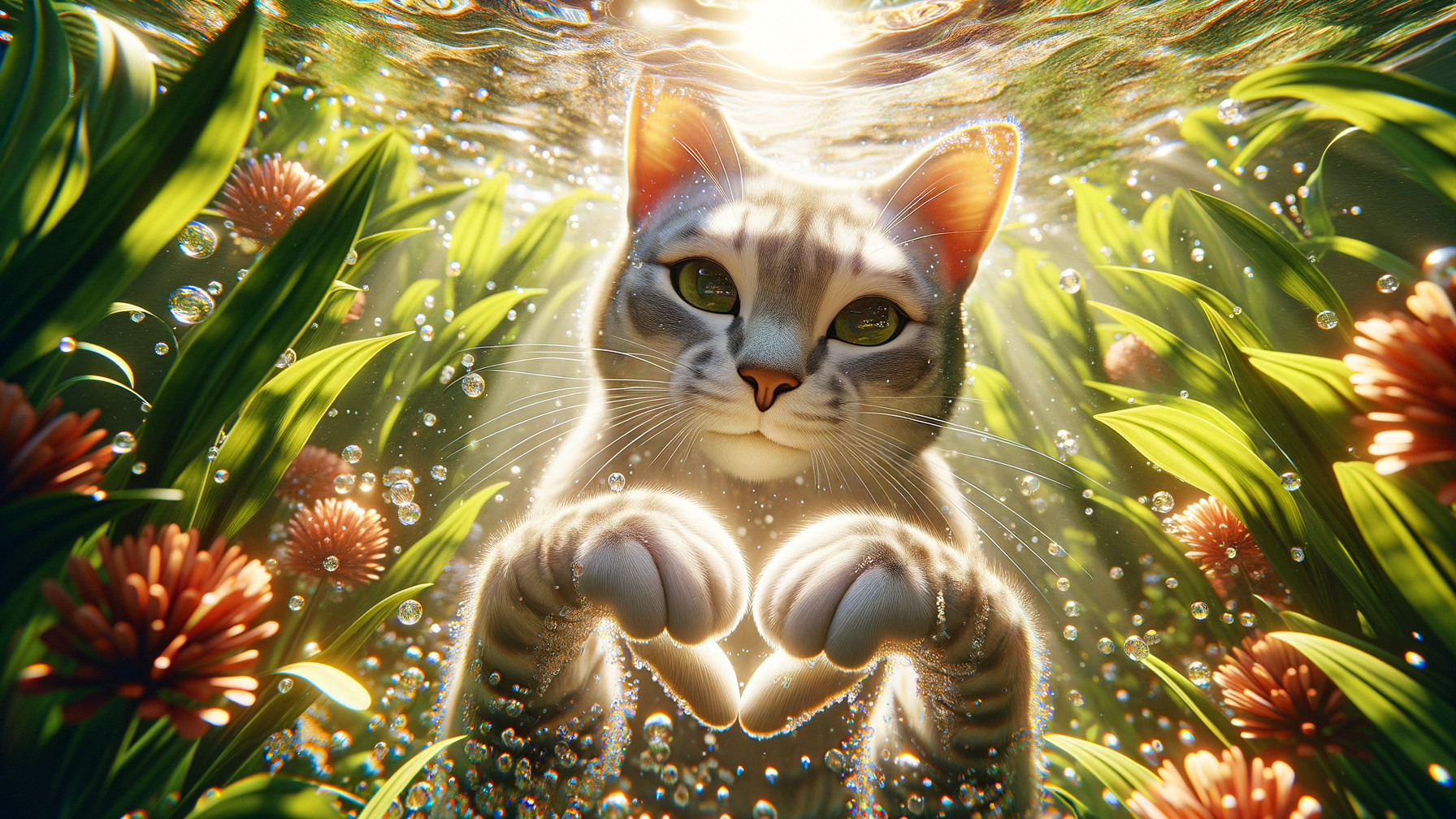 Underwater Scene of a Cat Among Aquatic Plants