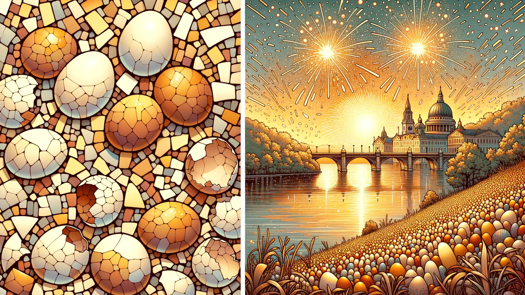 Cracked Eggshells and Serene River Landscape Scene
