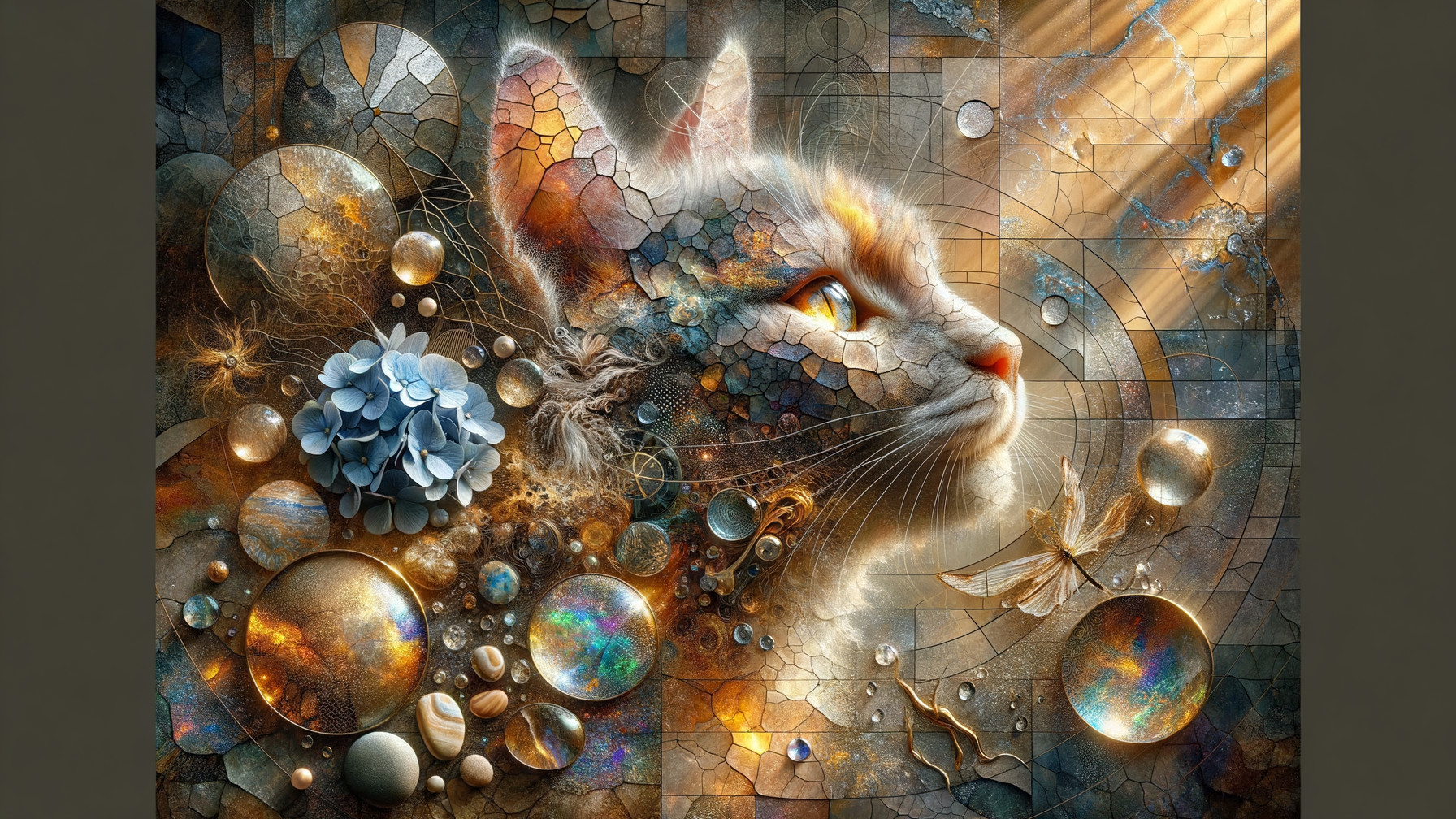 Abstract Cat Profile with Mosaic Patterns and Colors