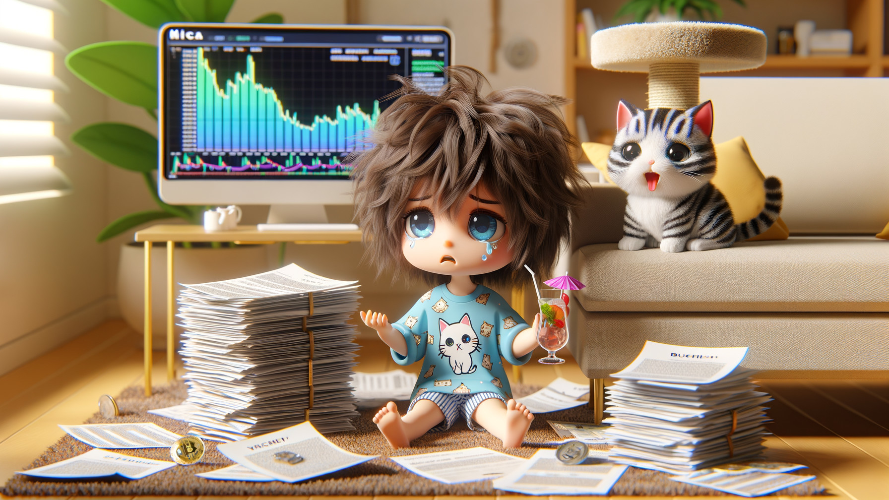 Child Surrounded by Financial Documents and a Cat