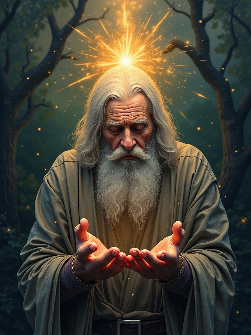 Elderly sage in serene woods with glowing orbs