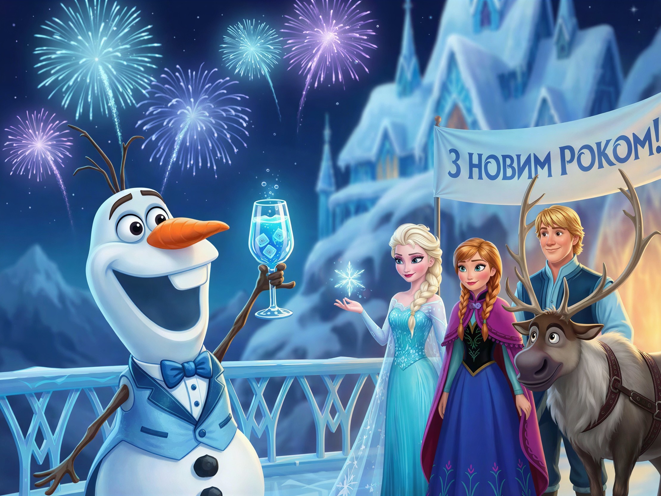 Frozen Characters on Balcony with Fireworks Display
