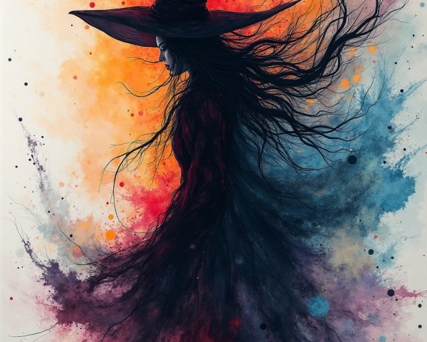 Silhouette of a witch against vibrant abstract colors