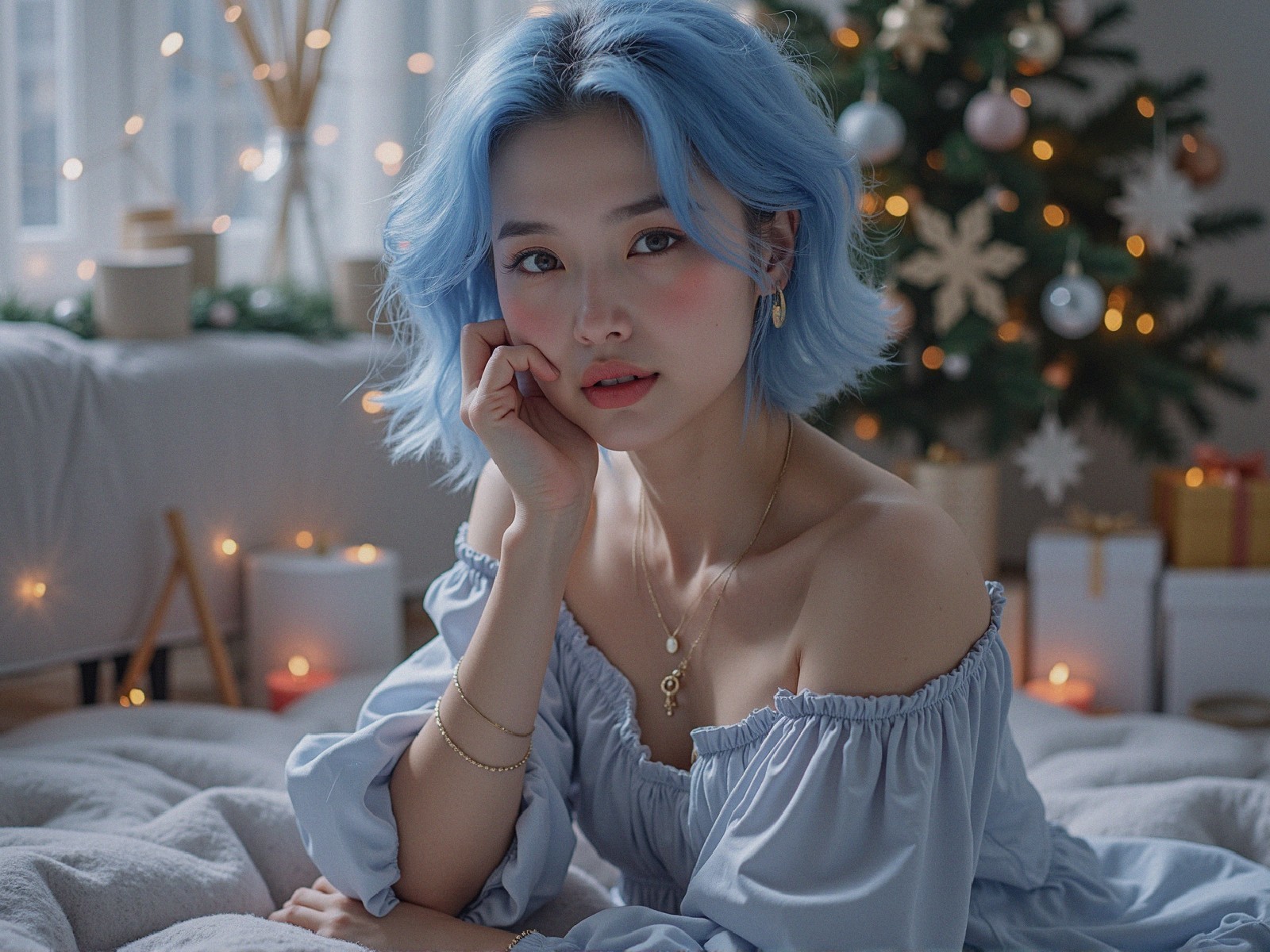 Young woman with blue hair in festive room setting