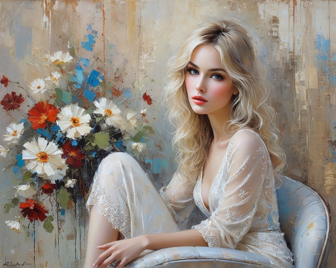 Portrait of a Young Woman in Lace Dress with Flowers