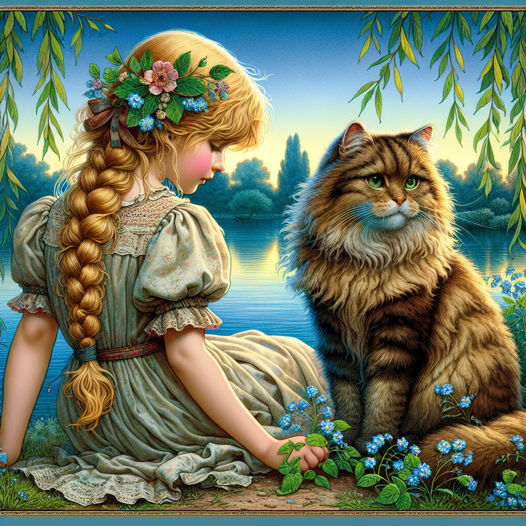 Serene Lakeside Scene with Girl and Cat