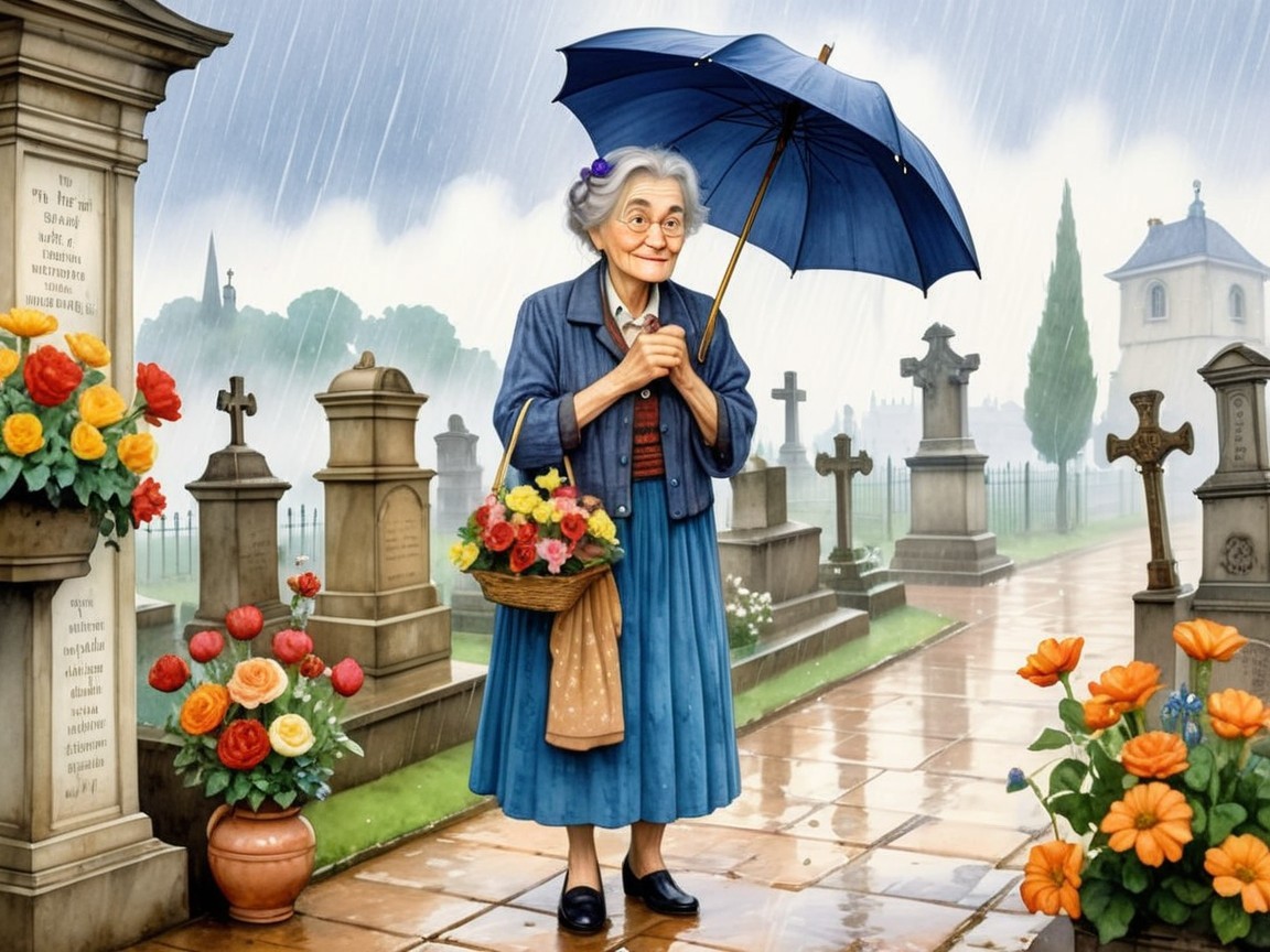 Elderly Woman with Flowers in Rainy Cemetery Scene