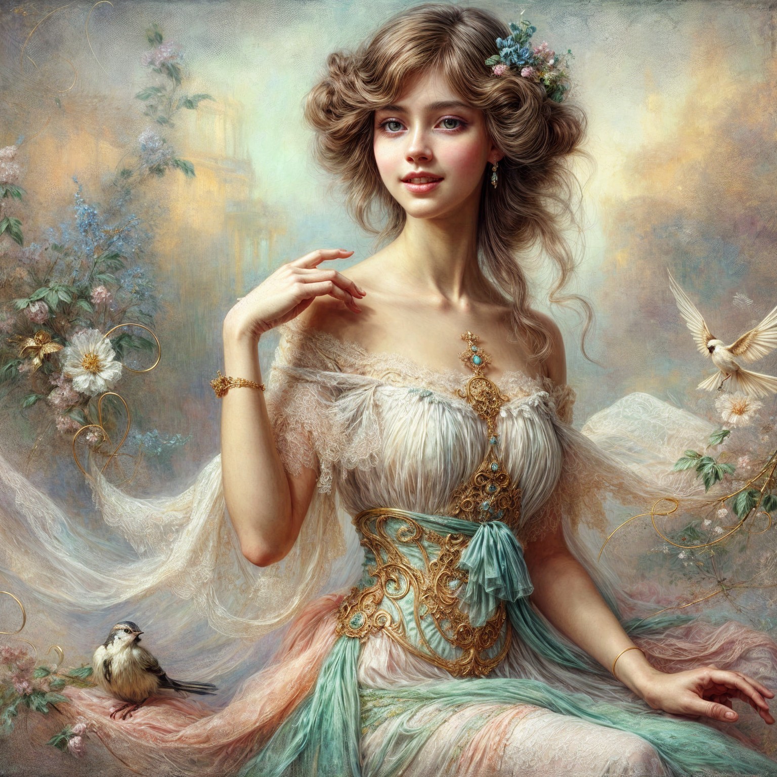 Young woman in pastel gown with floral accents
