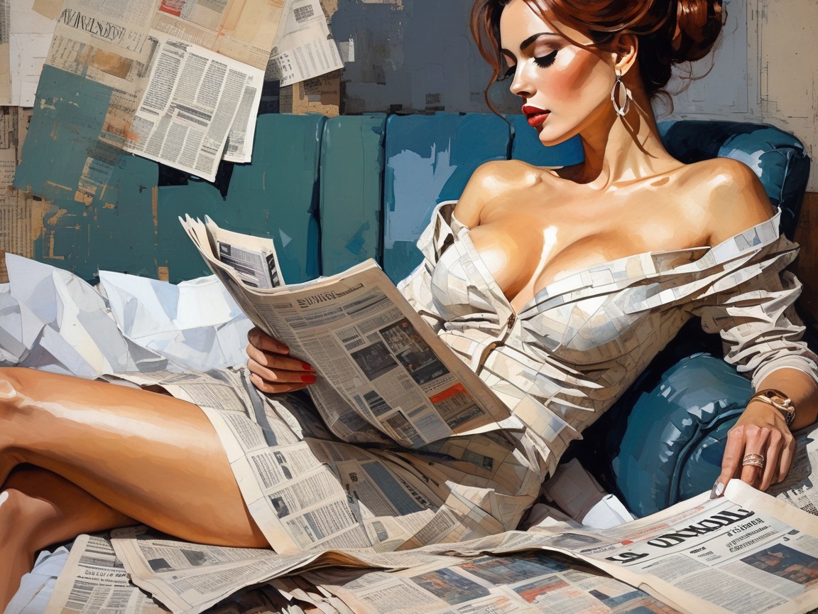 Woman on Blue Couch in Newspaper Outfit with Newspapers