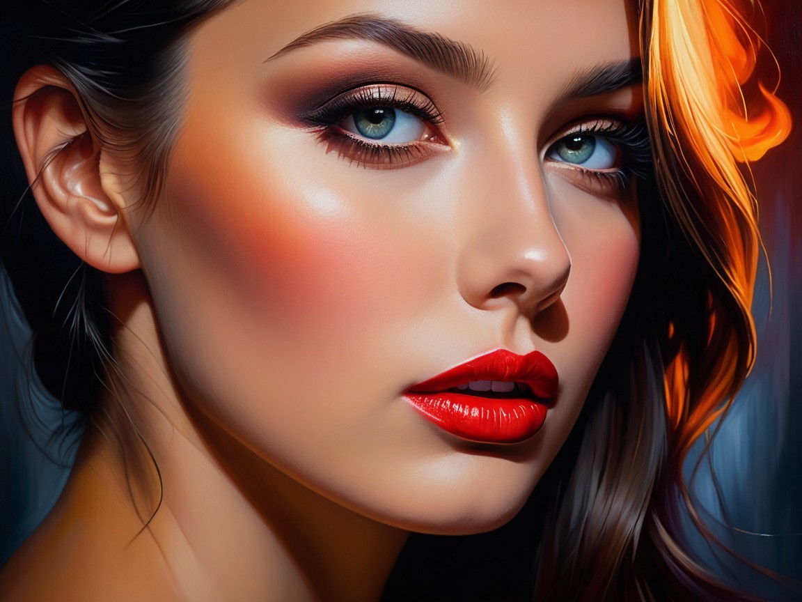 Portrait of a Young Woman with Blue Eyes and Red Lips