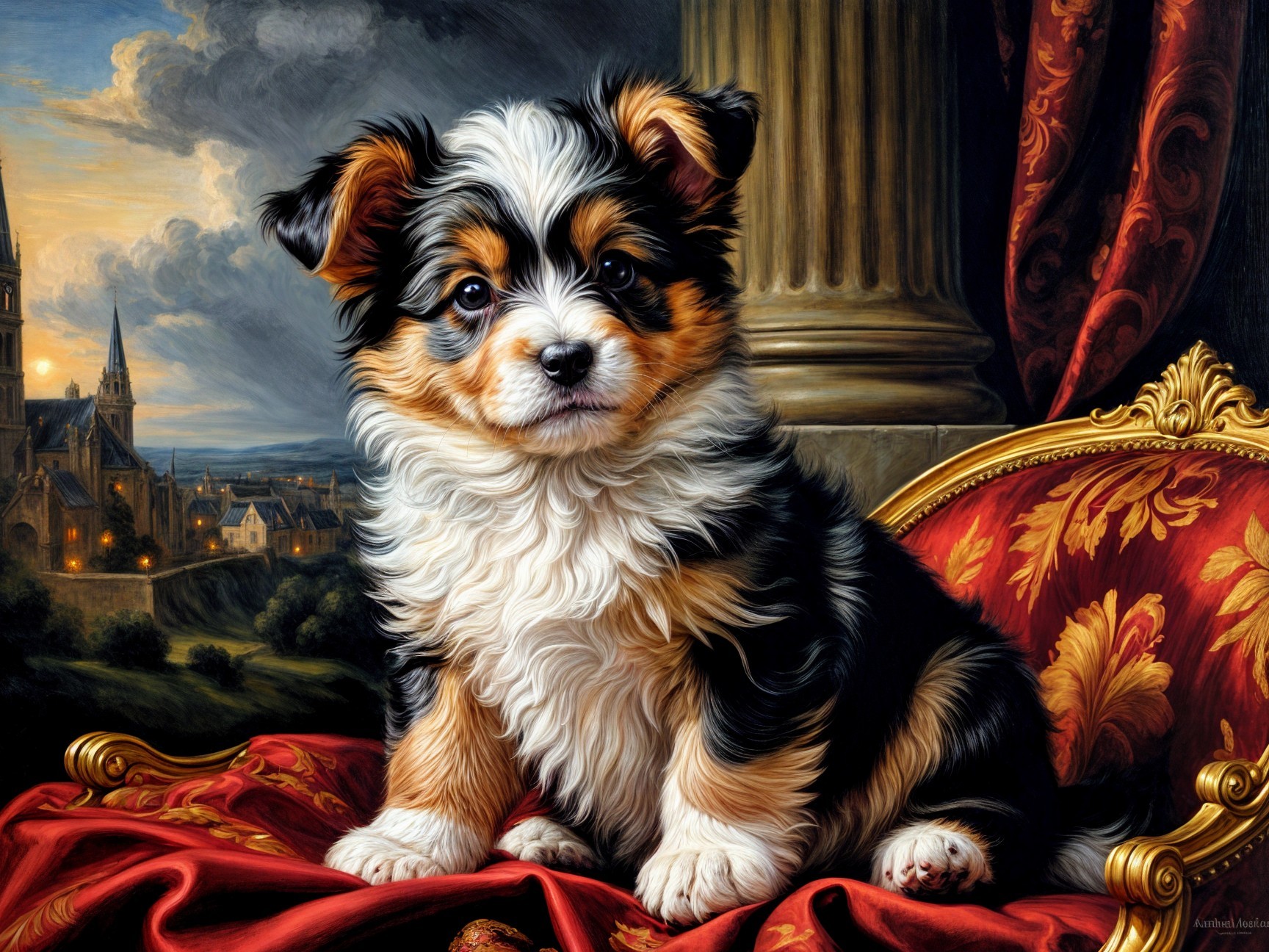 Tri-colored puppy on ornate red and gold cushion
