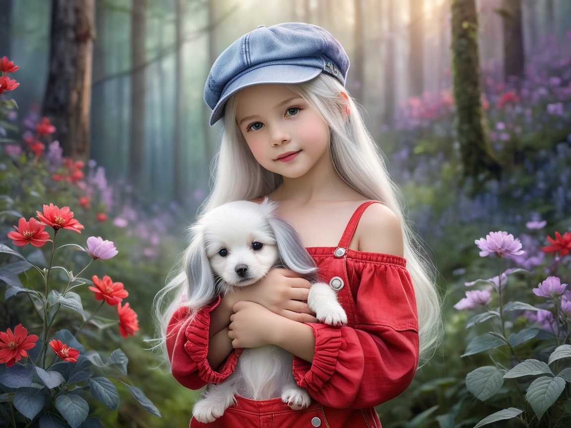 Young girl with silver hair and puppy in flower forest