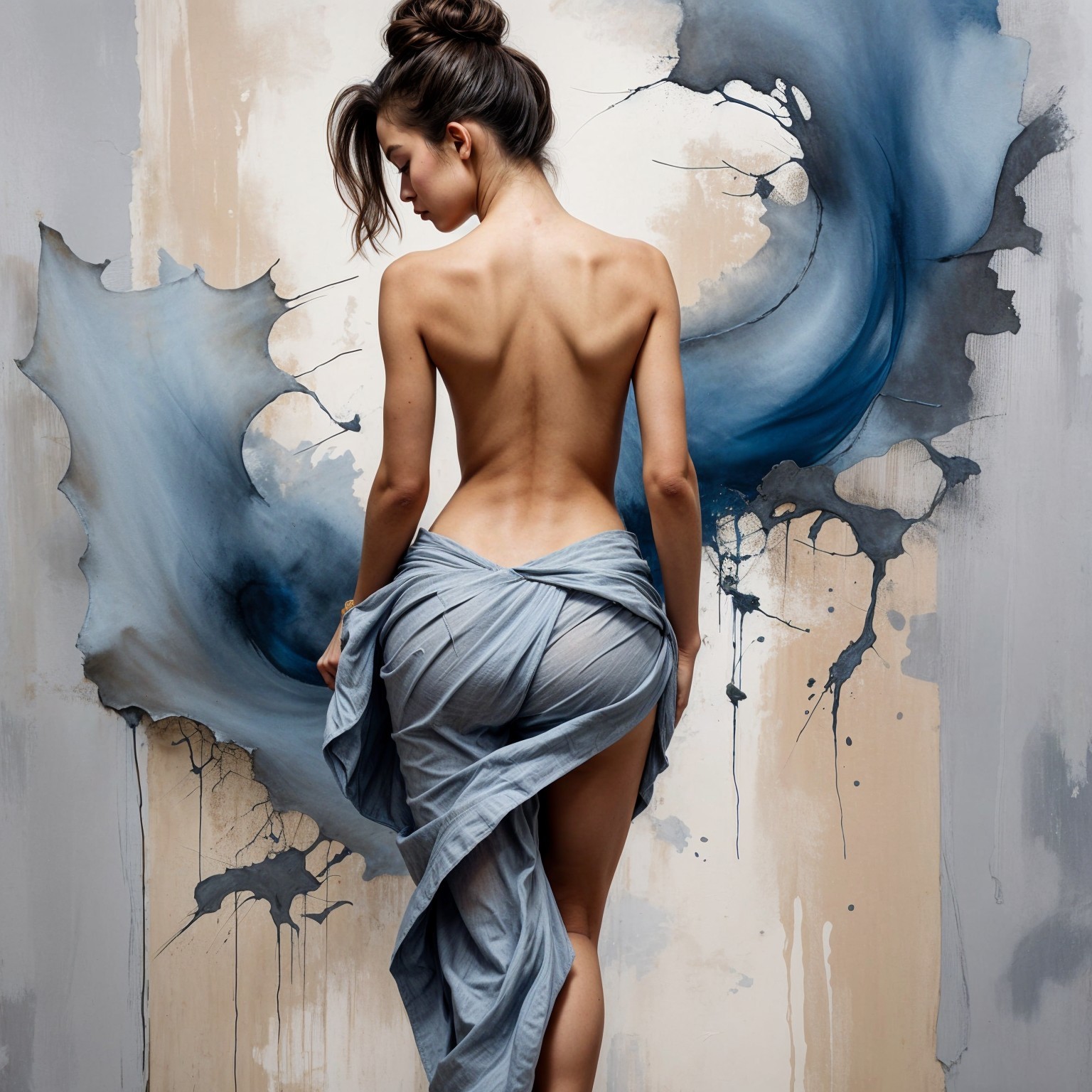 Woman in Light Blue Fabric Against Abstract Background