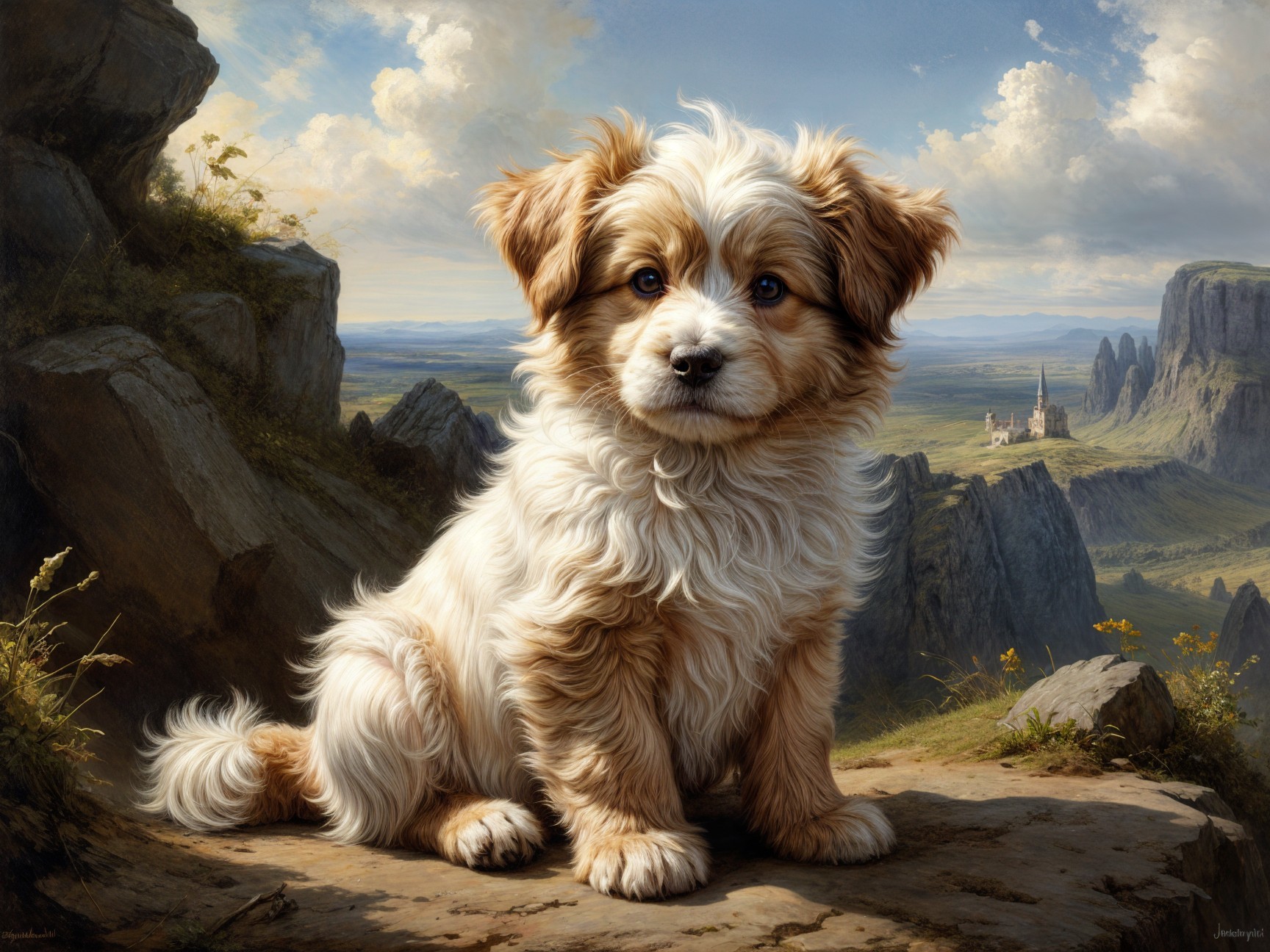 Fluffy Puppy on Rocky Ledge with Scenic Landscape