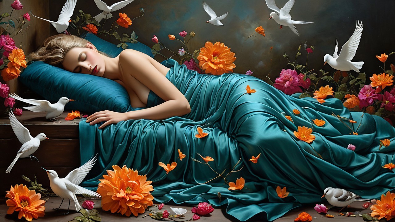 Woman Sleeping on Turquoise Silk Sheets with Flowers