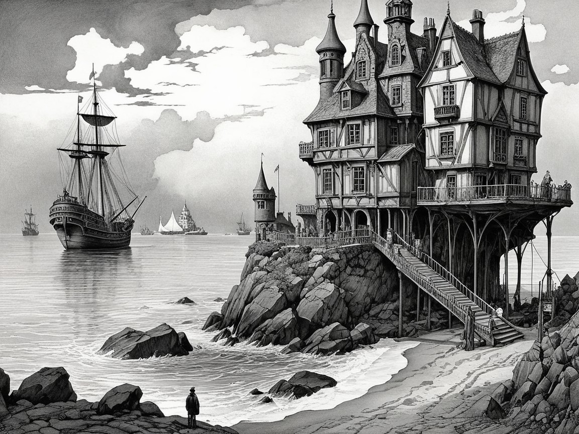 Dramatic Coastal Scene with Intricate Mansion and Ships