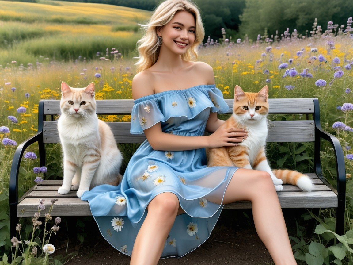 Young Woman in Blue Dress with Cats in Meadow