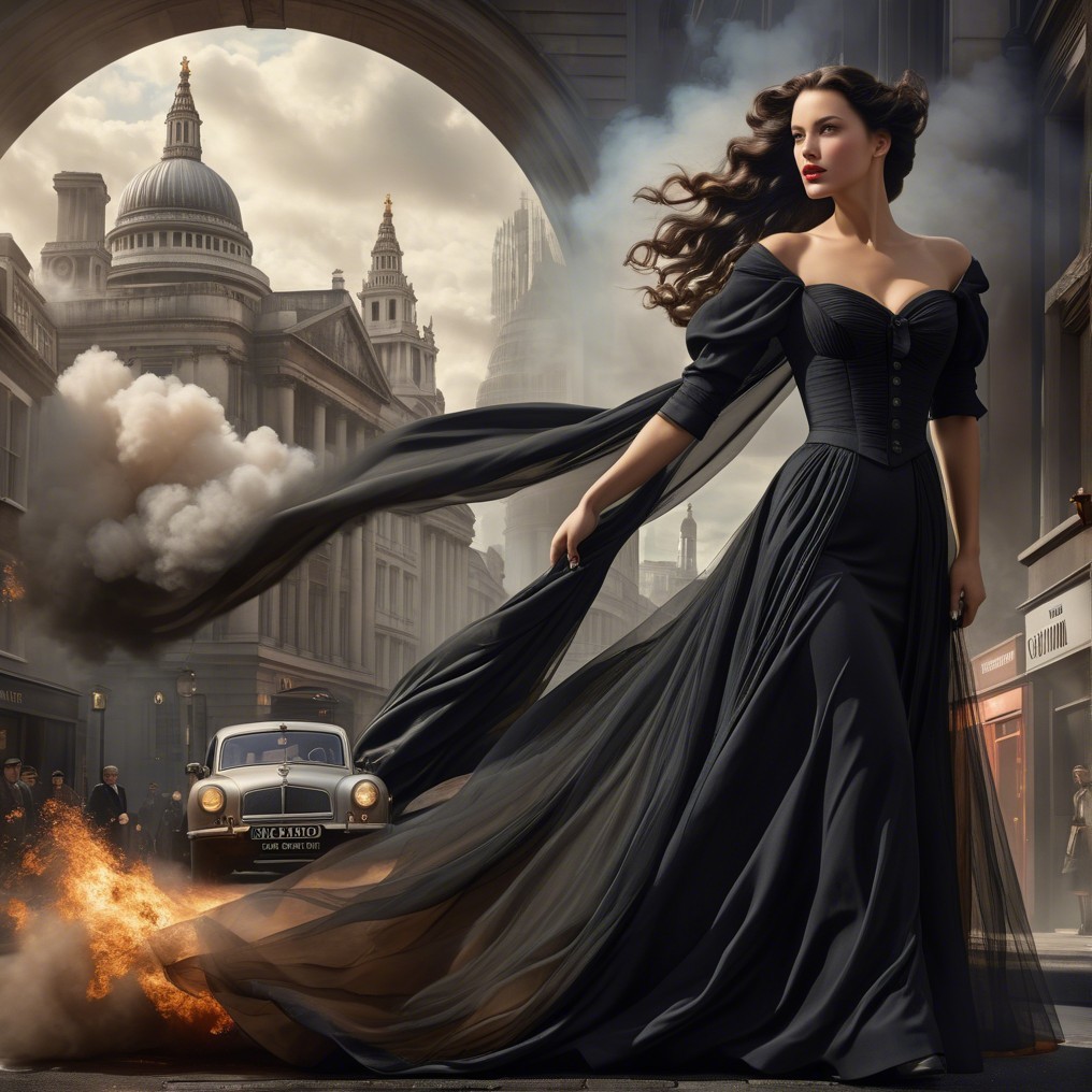 Elegant woman in black gown in bustling city scene