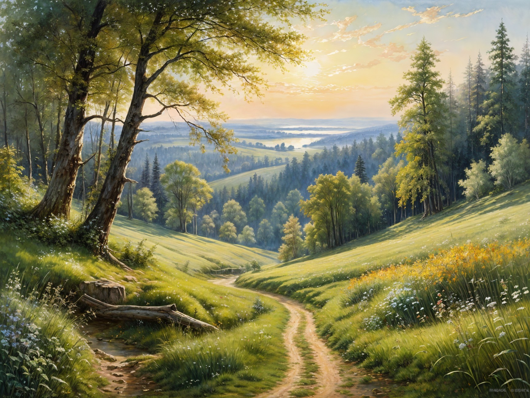 Serene Landscape with Winding Path and Wildflowers
