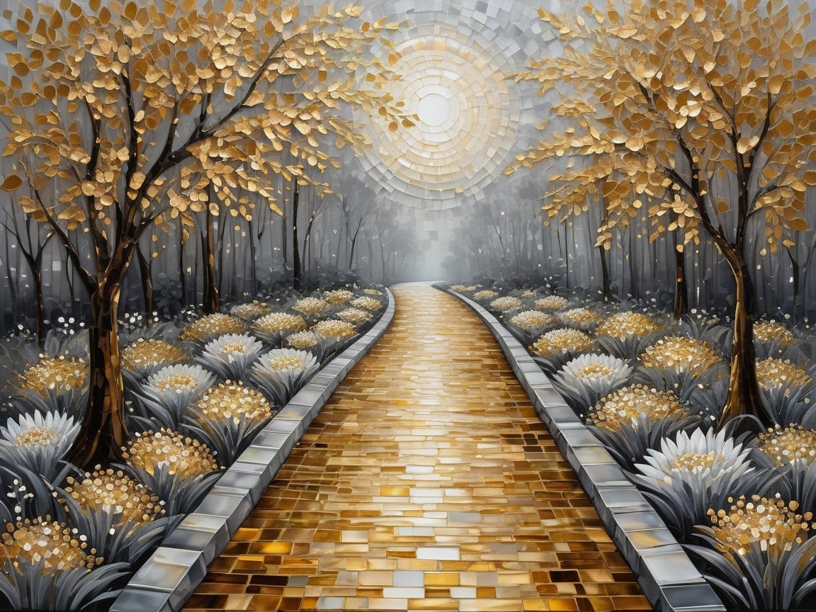 Abstract Landscape with Golden Path and Radiant Sun