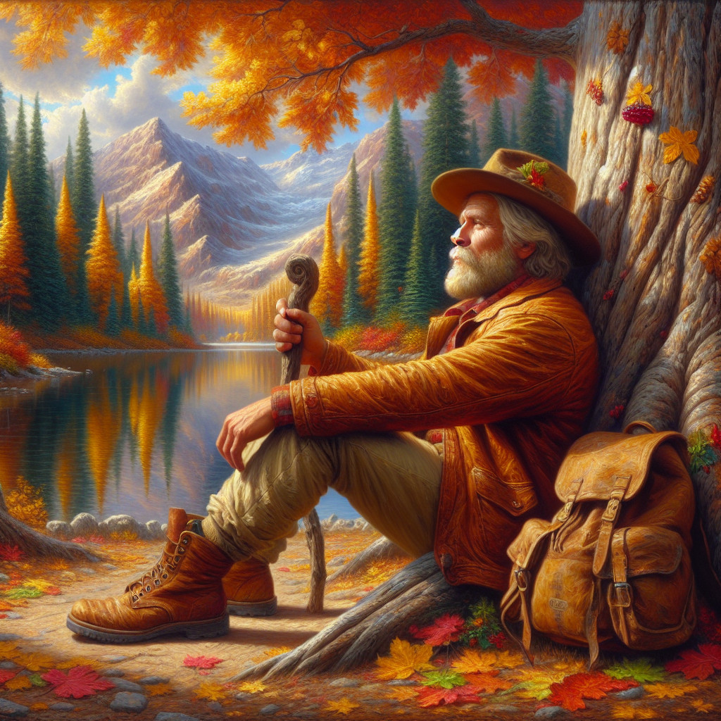 Elderly Man in Autumn Landscape by Tranquil Lake